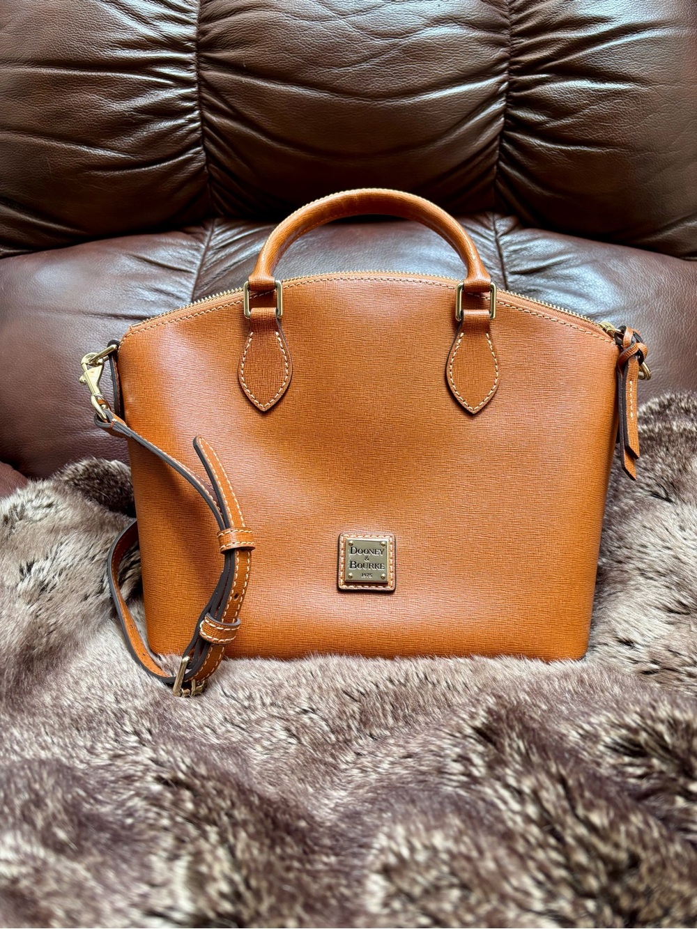 Dooney & Bourke Brown Leather Dome Satchel with Crossbody Strap